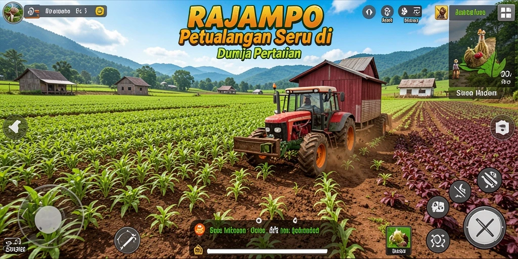 Tampilan gameplay RAJAMPO menunjukkan ladang subur dengan berbagai tanaman.